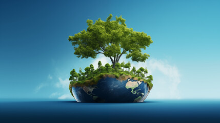 The earth with tree isolated on blue background, Template for flyer and poster, world environment day.