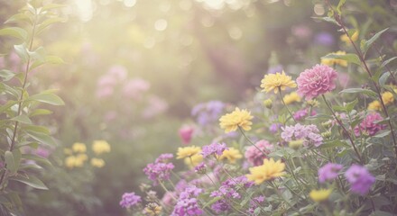 優しい光が差し込むヴィンテージ風の花畑の背景