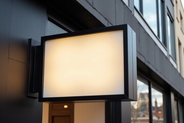 Empty illuminated signage mounted on a building exterior.