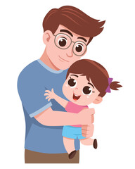 A sweet cartoon illustration of a loving father holding his smiling daughter in his arms.