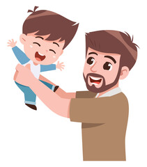 Obraz premium A heartwarming cartoon illustration of a joyful father lifting his happy son in the air.