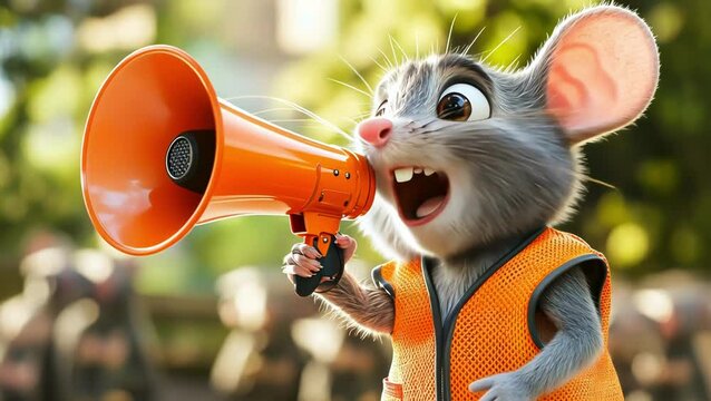 Cute cartoon mouse makes announcement with megaphone