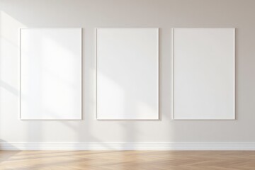 Three blank picture frames on a wall.
