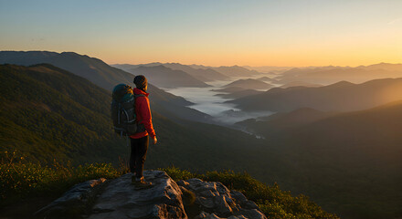 Fototapeta premium Hiker Standing on Mountain Peak Looking at Valley View at Sunrise
