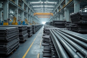Metal pipes stacked in a large warehouse.