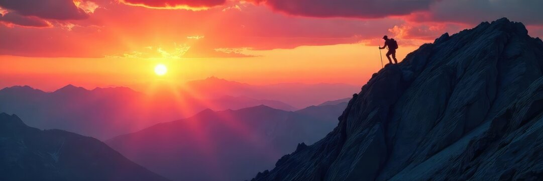 A lone figure silhouetted against a dramatic sunset, traversing a challenging mountain ridge The climber's small size emphasizes the vastness and scale of the rugged terrain , panorama, uphill