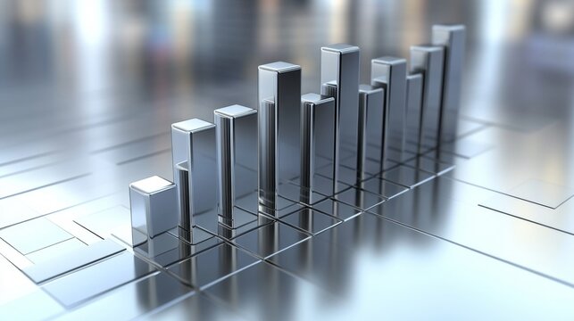 Geometric D bar graph in metallic finish with reflections on white reflective ground