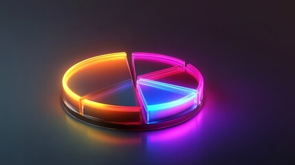 High-gloss D pie chart with neon edges and soft glow on deep gray background