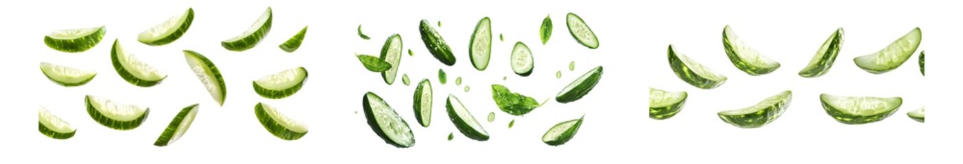 set of Cucumber slices in mid-air. isolated on transparent background