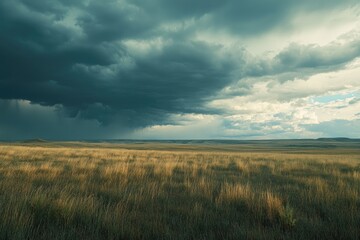 Vast prairie landscape under a dramatic storm cloud