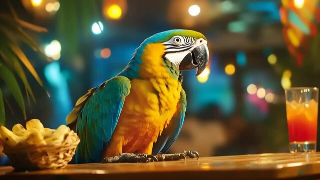 Colorful parrot perched on a bar counter with snacks and a drink in a lively tropical setting