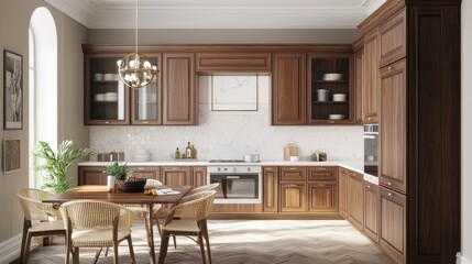 Fototapeta premium Kitchen with walnut cabinetry, white marble counters, hex tile backsplash, and woven chairs around a wood table