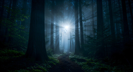 Naklejka premium Sun Rays Shining Through Foggy Forest Landscape