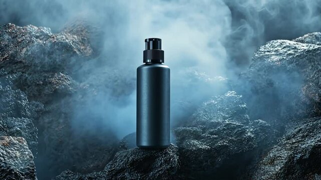 Atmospheric product shot, matte black bottle on rocky terrain amidst swirling mist for sophisticated branding