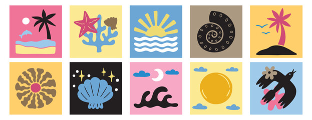 colorful abstract summer doodle silhouette collage elements, organic beach shapes and forms. hand drawn matisse ocean collection. modern elements trendy posters