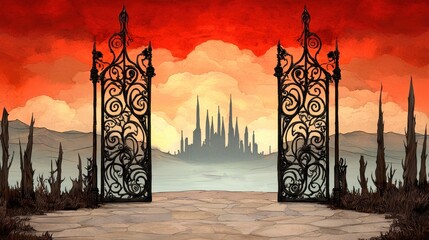 Ornate Black Gates Open to a Distant City Under a Fiery Red Sky