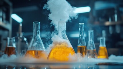 captivating laboratory scene showcasing conical flasks filled with amber liquids generating ethereal wisps of vapor amidst the dim glow and complex apparatus on shelves