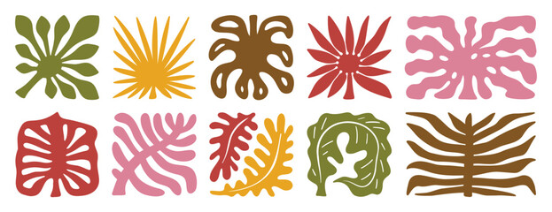 palm tree leaves boho silhouette nature set. groovy summer palm leaf geometric poster. summer abstract square tropical icons freehand retro style