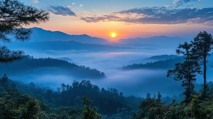 Sunrise over a foggy mountain in Doi Inthanon National Park, Chiang Mai, Thailand, depicting mystical scenery