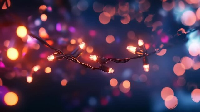 Colorful string lights glowing in the dark, creating a festive atmosphere with blurred backgrounds