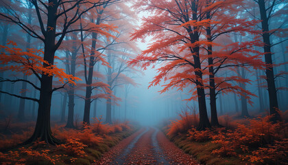 Obraz premium A peaceful pathway winds through a forest filled with tall trees displaying vivid orange leaves. The dense fog adds a mystical touch to this serene autumn landscape, inviting exploration