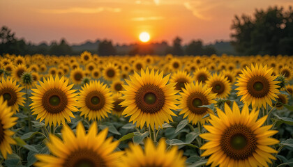 Obraz premium Golden sunflowers stand tall in a sprawling field as the sun sets in the background, casting warm light across the landscape. A peaceful summer evening fills the air