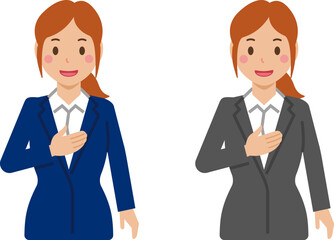 「お任せください」と笑顔のポニーテールの若い女性。スーツ姿の上半身