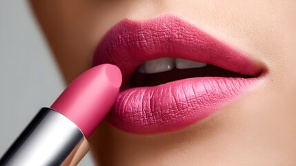 Naklejka premium Glamorous close-up of vibrant pink lipstick application on voluptuous lips