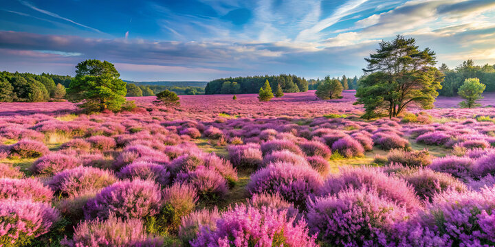 Fields of vibrant purple heather stretch across the landscape, surrounded by trees and gentle hills