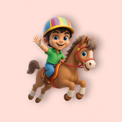 Fototapeta premium Cheerful Boy Riding a Horse, Cartoon Illustration