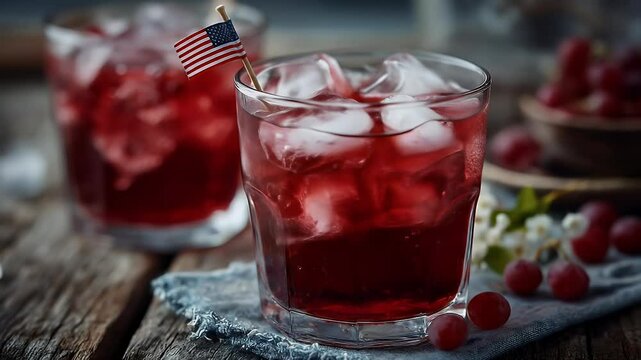 Refreshing red drink with ice cubes on rustic wooden table