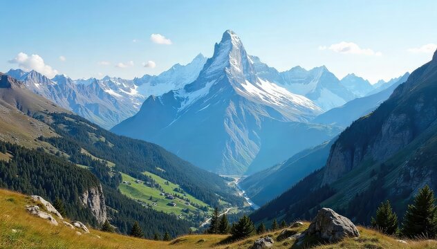 Majestic mountain range forming a natural border, vast and dramatic landscape under a clear sky  Perfect for travel, nature, and geography concepts ,  adventure,  ecology