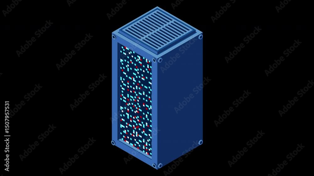 Poster isometric server animation. network server room. 3d computer equipment. storage database. isometric 