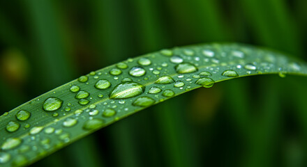 Close-up of Dew Drops on a Lush Green Blade of Grass Nature's Tiny Jewels