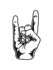A bold graphic of a hand making the iconic rock sign, representing music, rebellion, freedom, and power. A classic symbol in rock, punk, and heavy metal culture.