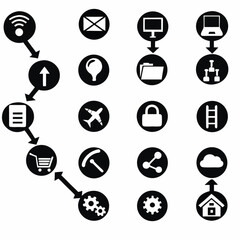 A vector set of black business icons and web symbols illustrates money, medical, heart, love, and clock concepts