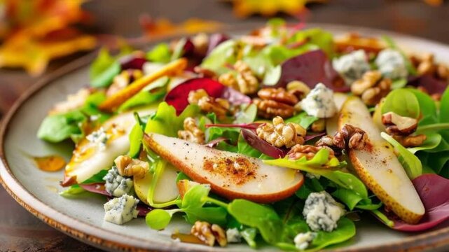 A fresh and vibrant salad with greens, pears, nuts, and blue cheese, perfect for a healthy meal.