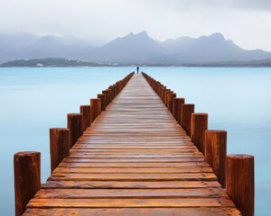 Obraz premium Tranquil wooden pier on a misty lake