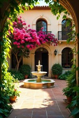 Naklejka premium Sun-drenched Andalusian courtyard, lush greenery, ornate fountain, vibrant bougainvillea, luxurious Spanish architecture, elegant details , sun, courtyard
