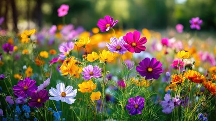 Obraz premium Blooming flowers in meadow inside vibrant tropical paradise concept. A colorful field of wildflowers in full bloom during springtime.