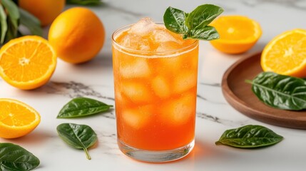 A refreshing orange drink with ice, garnished with fresh green leaves, surrounded by halved oranges and leafy greens on a marble surface.