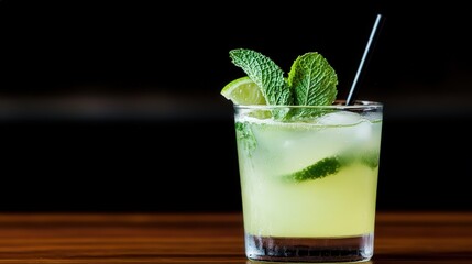 Refreshing cocktail with lime and mint leaves, served in a glass with a straw on a wooden surface.