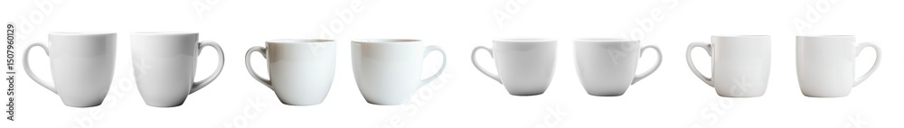 Poster set row of simple white mugs with handles. isolated on transparent background