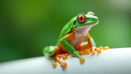 Obraz premium Green tree frog perched on white, vibrant skin, vibrant, fauna, nature