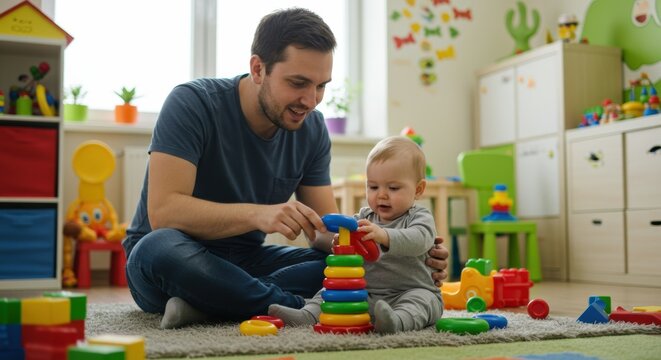 Father and baby playing with colorful building blocks in a playroom