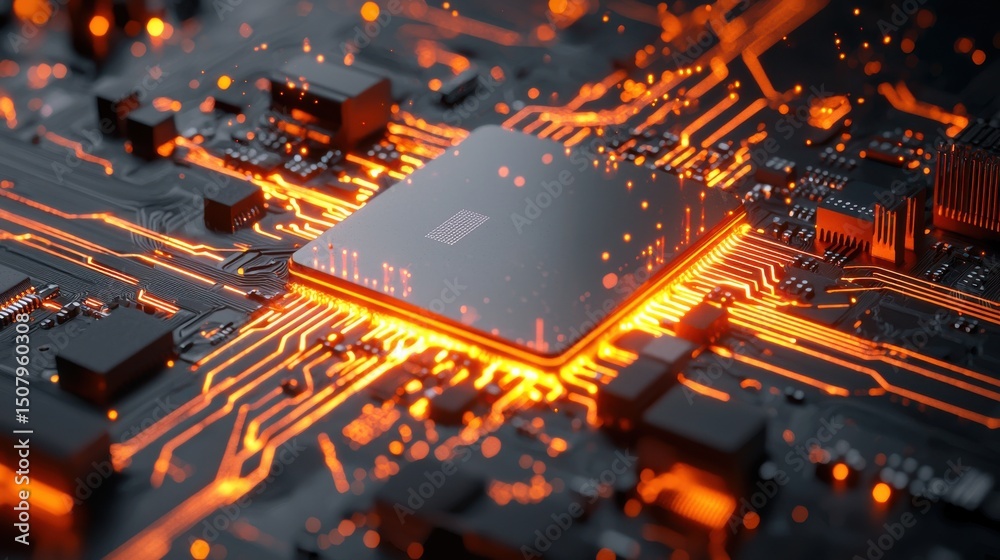 Poster a futuristic abstract image of an advanced microchip or integrated circuit board with intricate patt