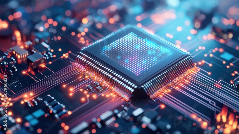 Poster colorful and intricate abstract image of a digital microchip showcasing the complex circuitry and te
