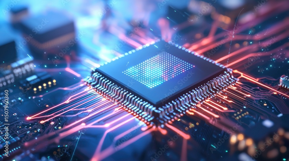 Poster a futuristic and abstract image depicting a digital microchip illuminated by a vibrant array of colo