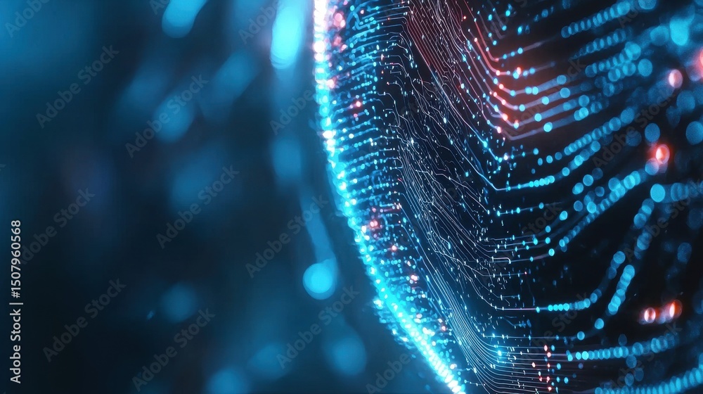 Poster vibrant abstract composition of luminous digital data particles lines and geometric shapes represent
