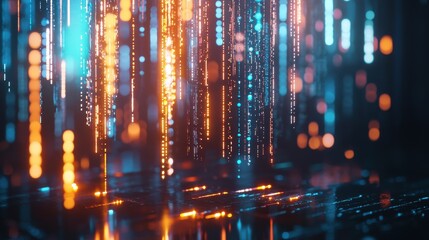 Vibrant abstract composition of glowing digital lights lines and patterns suggesting a futuristic data exchange or technological network